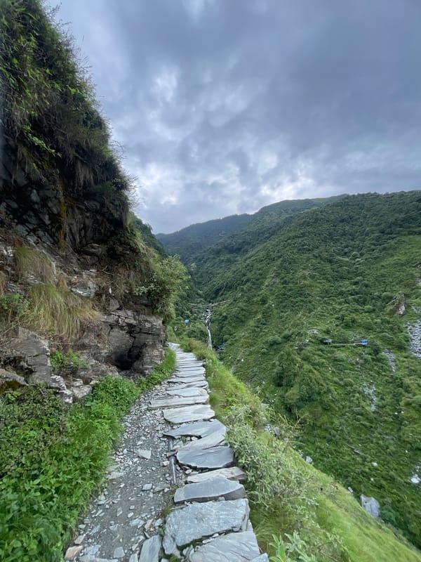 Painted rocks and mountain paths in Bhagsu, India
