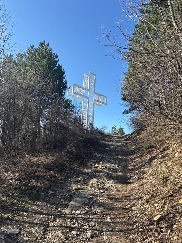 White metal cross documented on rocky slope in Sliven