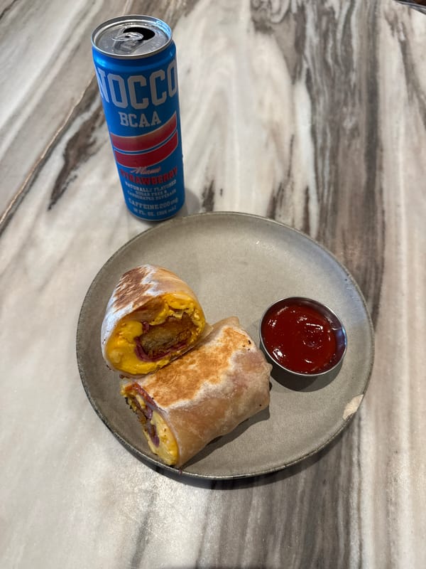 Breakfast burrito meal documented on Los Angeles countertop