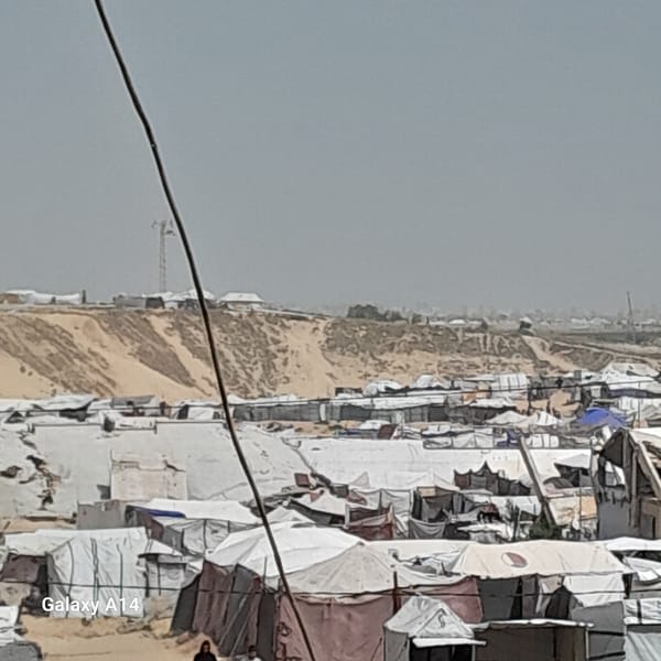 Displacement camp documented in Khan Yunis under overcast skies
