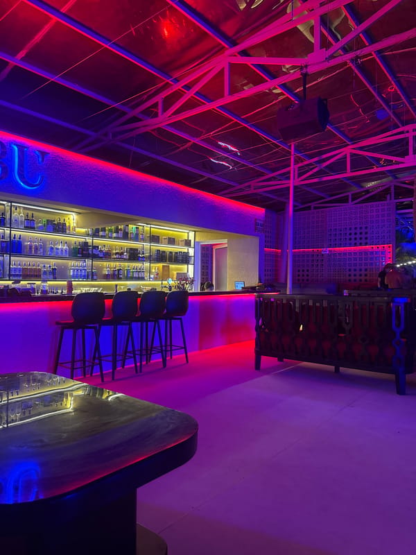 Bar interior with industrial design, red neon lighting documented