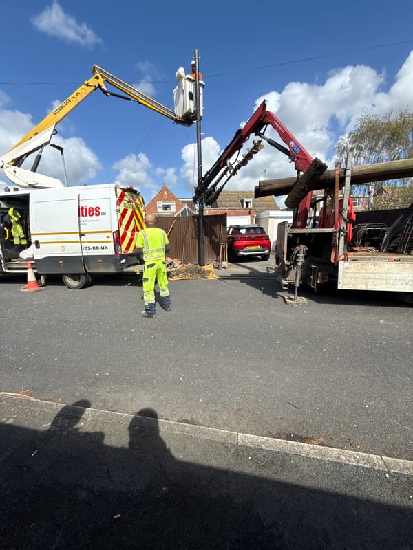 Utility pole replacement work underway in Eye, UK