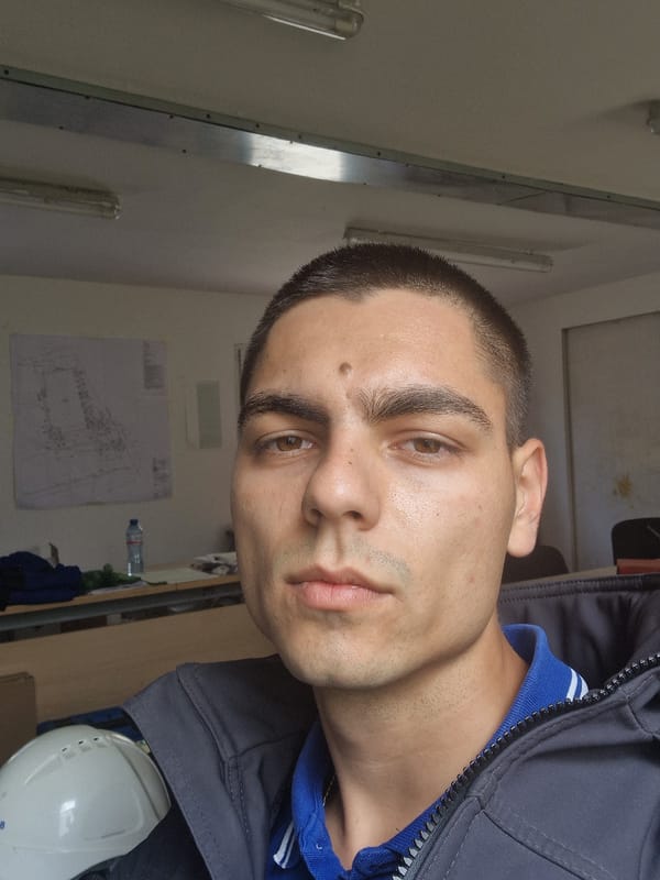 Construction worker takes selfie in Sofia, Bulgaria