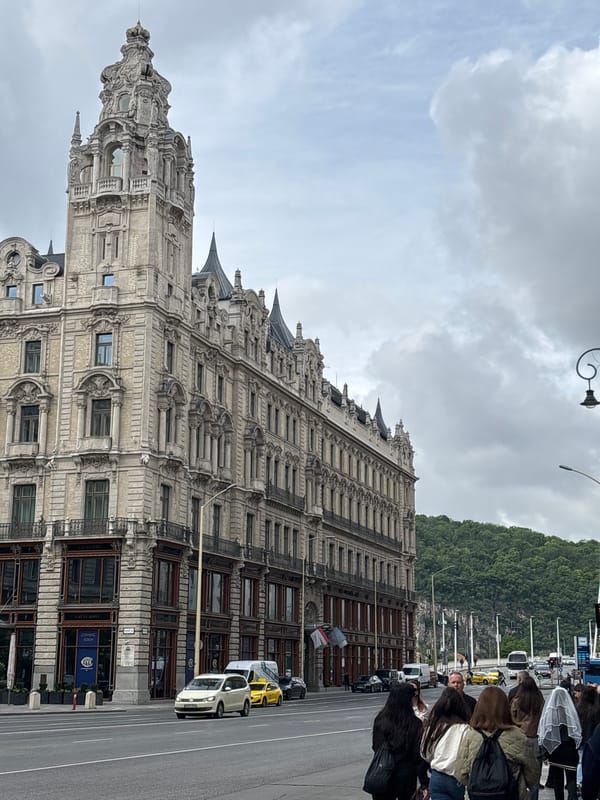 Morning street activity documented near Budapest's Gresham Palace