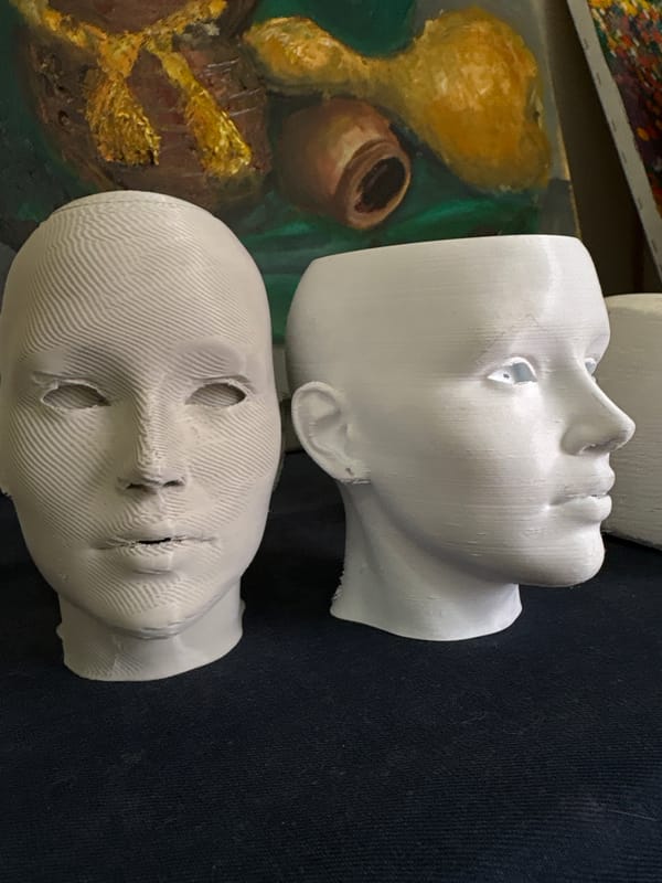 3D printed face models displayed with artwork in Tryavna