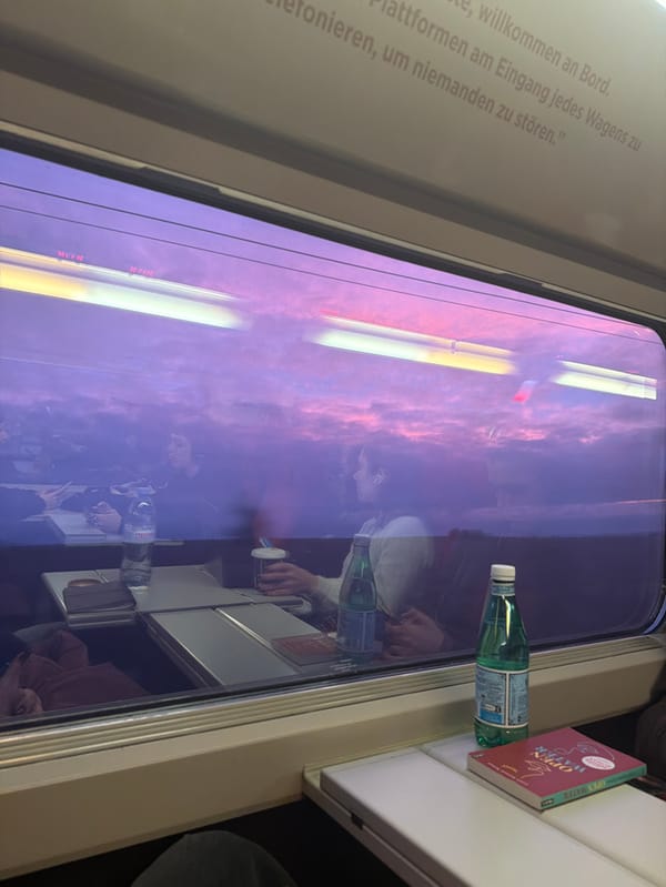 Morning train passenger reads near twilight window reflection