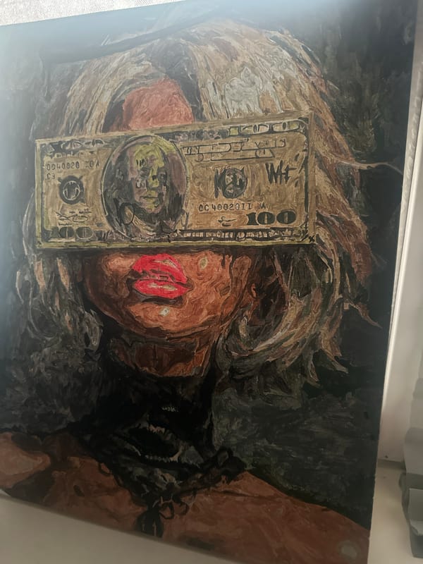 Artist's painting shows woman with dollar bill over eyes