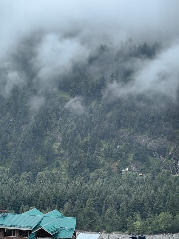 Vashisht under cloud cover, river, forest, and active construction