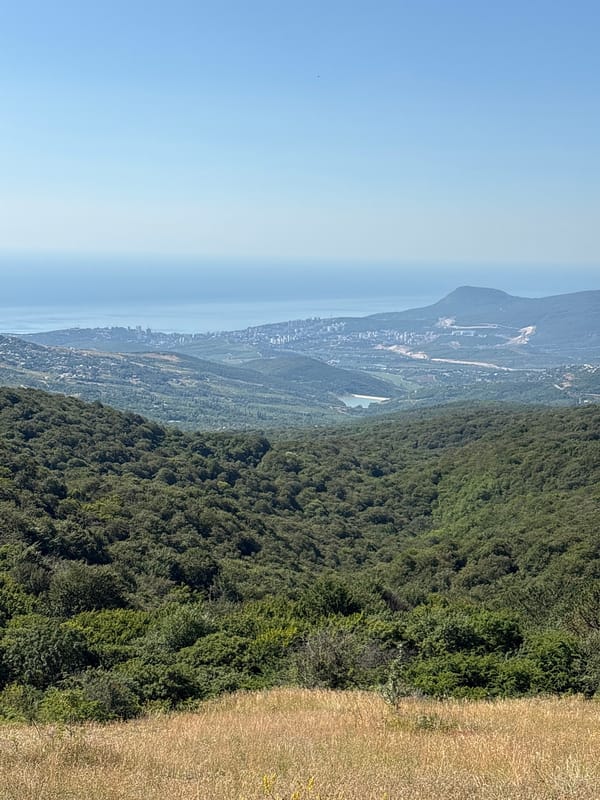Morning views from a Crimean hilltop overlooking valley and sea