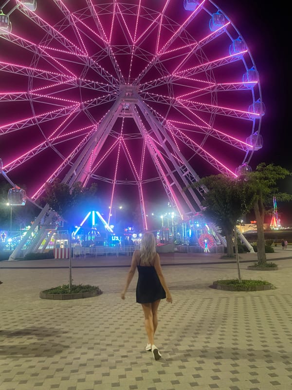 Anapa amusement park at night, Ferris wheel and toy cars