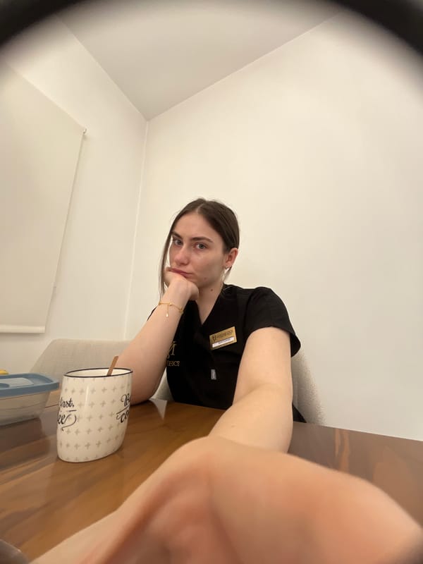 Healthcare worker takes breakfast break, captured in casual moments