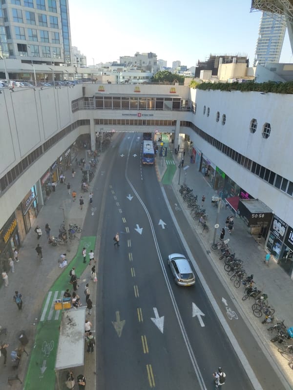 Azrieli area streets and a busy indoor lap pool, Tel Aviv