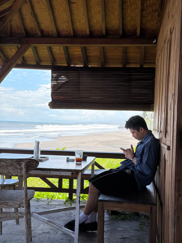 Peaceful morning at beachfront cafe in Kediri, Indonesia