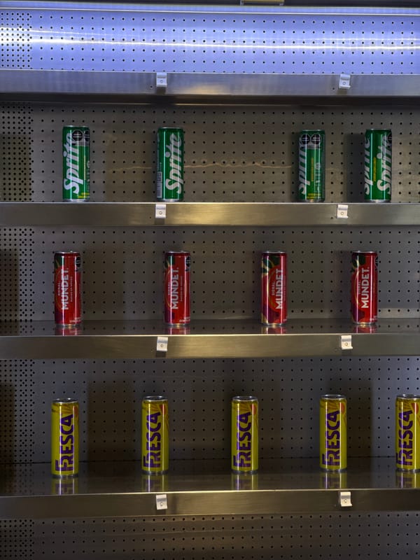 Soda vending machine stocked with beverages observed in Puebla