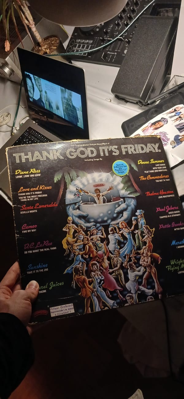 Person displays vintage disco soundtrack while wearing festive headwear