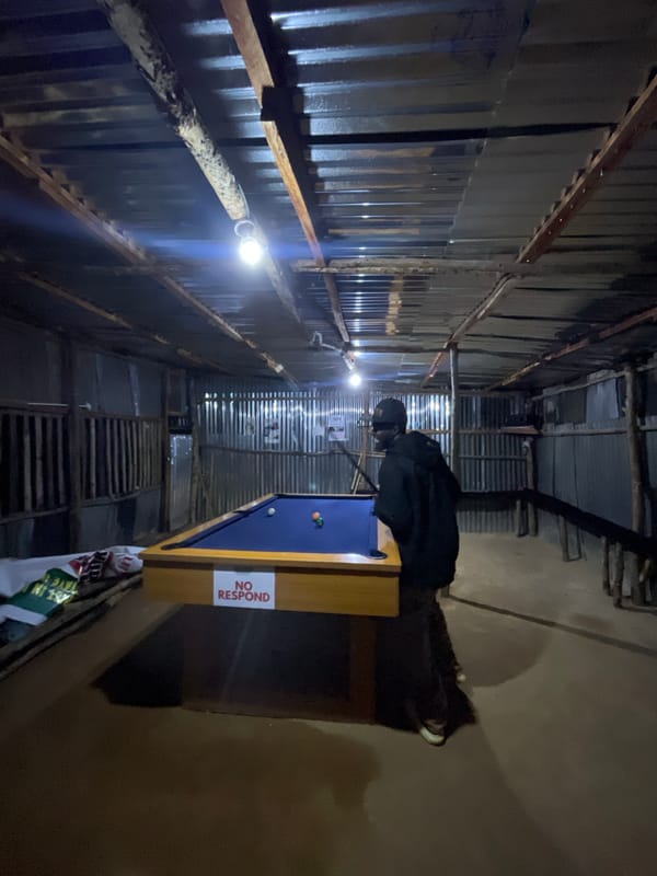 Pool hall afternoon in rural Nigeria, pigs roaming outside
