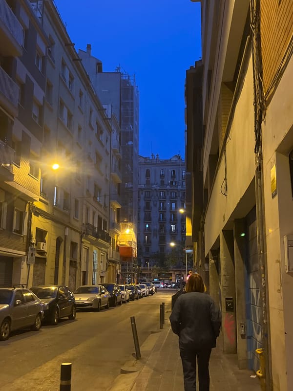 Nighttime street scene captured in Barcelona with parked cars