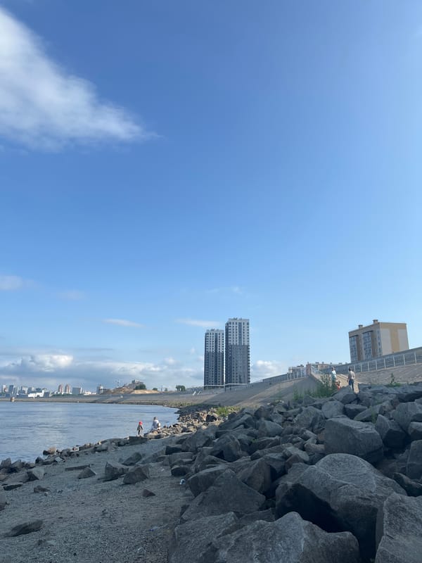 Relaxing on the rocky Amur River shore in Khabarovsk