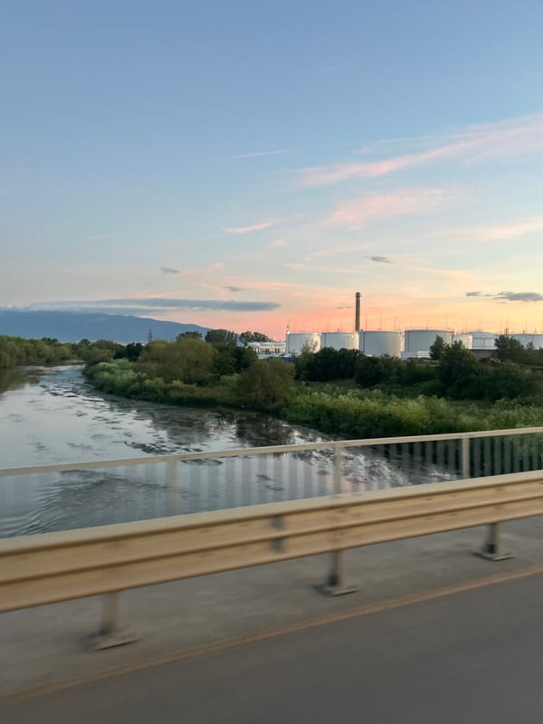 Evening bus journey with passengers, snacks, and sunset views