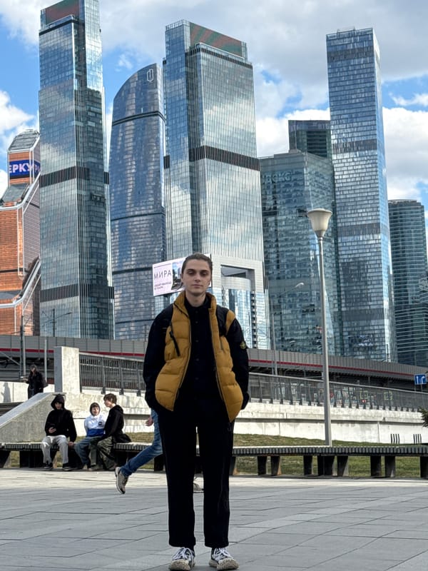Young man photographed in casual attire in Khimki, Russia