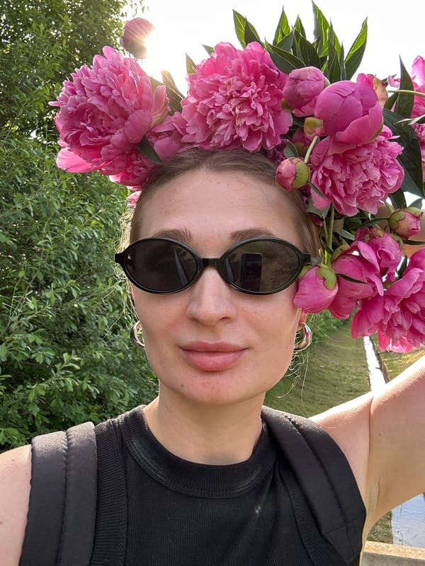 Peony crown selfies by a water channel in Chaikovsky