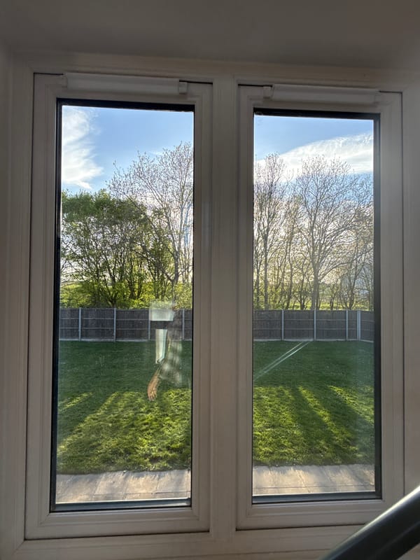 Window view captures bare trees against cloudy sky in Great Yarmouth