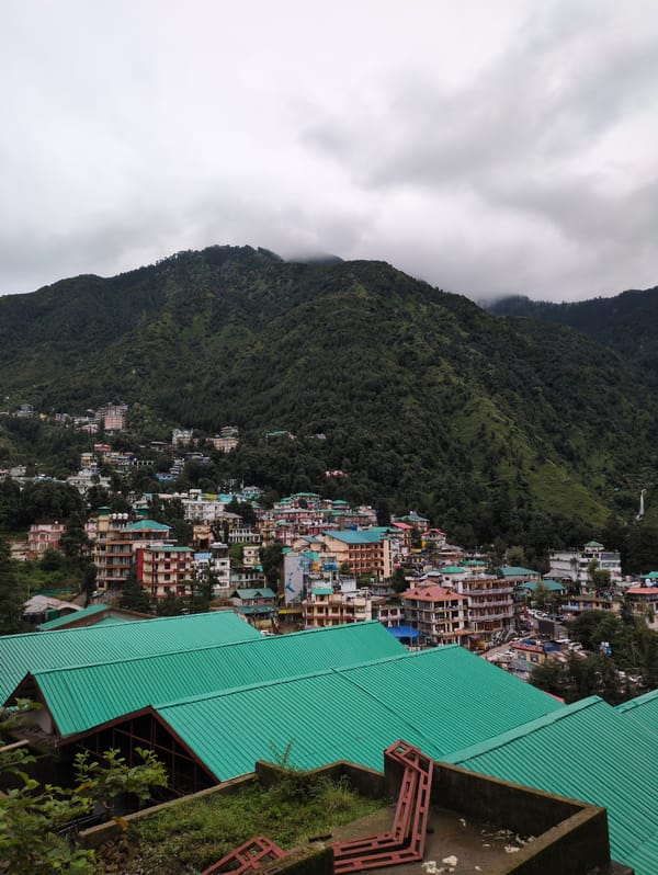 Bhagsu hillside: forest trails, winding roads, and construction