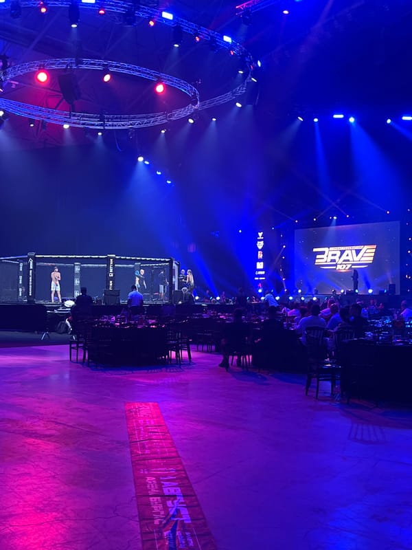 Indoor combat sports event under blue and pink dramatic lighting