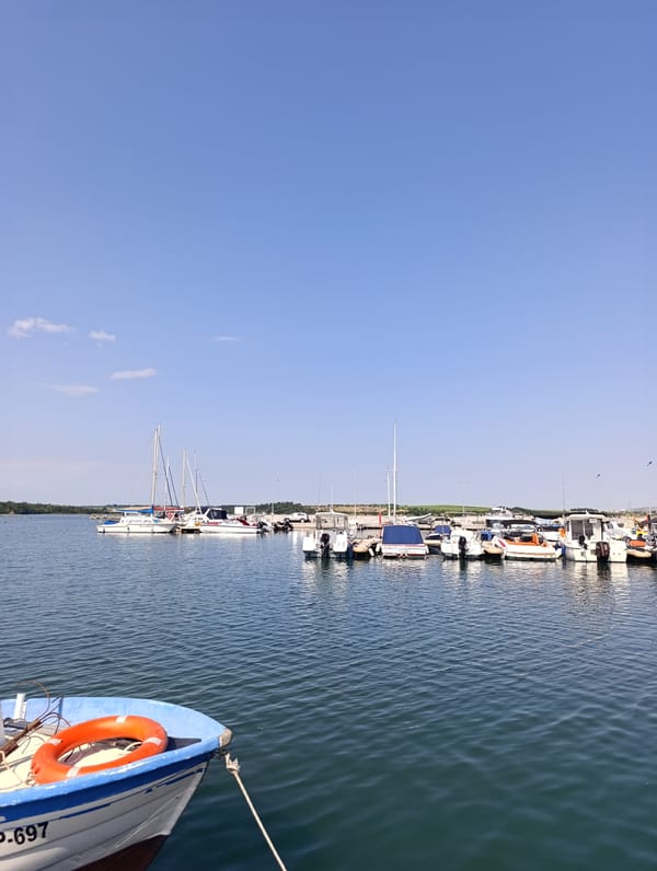 Burgas marina morning: boats, calm water, and an aquathlon event