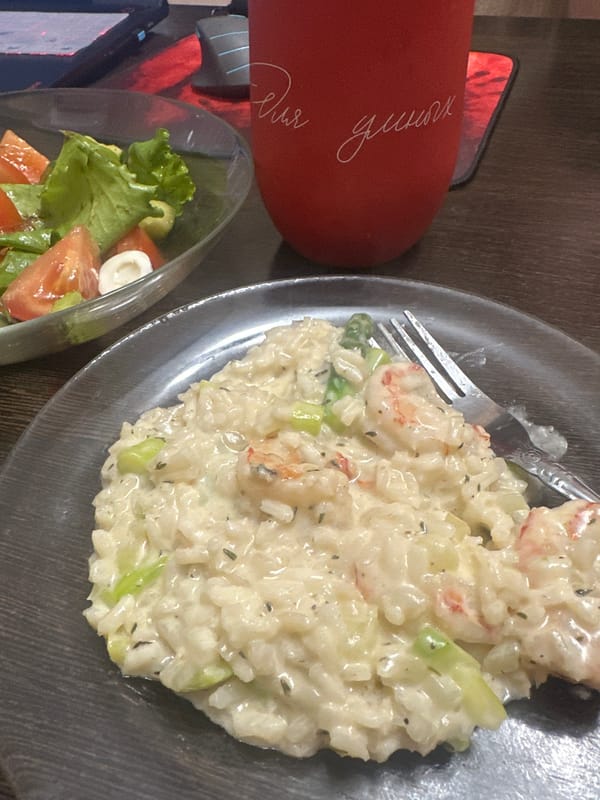 Lunch at home in Novoaltaysk with risotto and salad