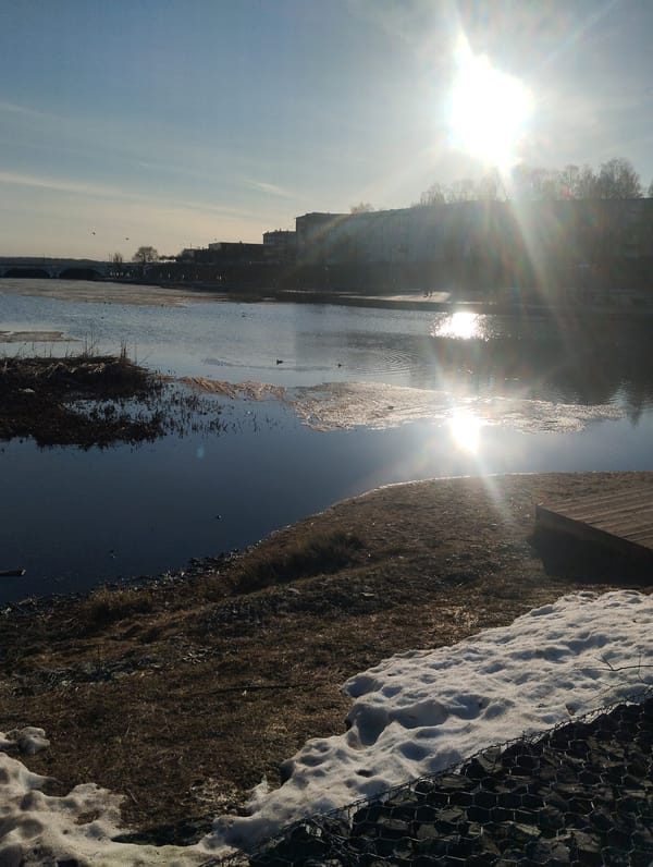 Spring thaw observed along Votkinsk shoreline with remaining snow patches