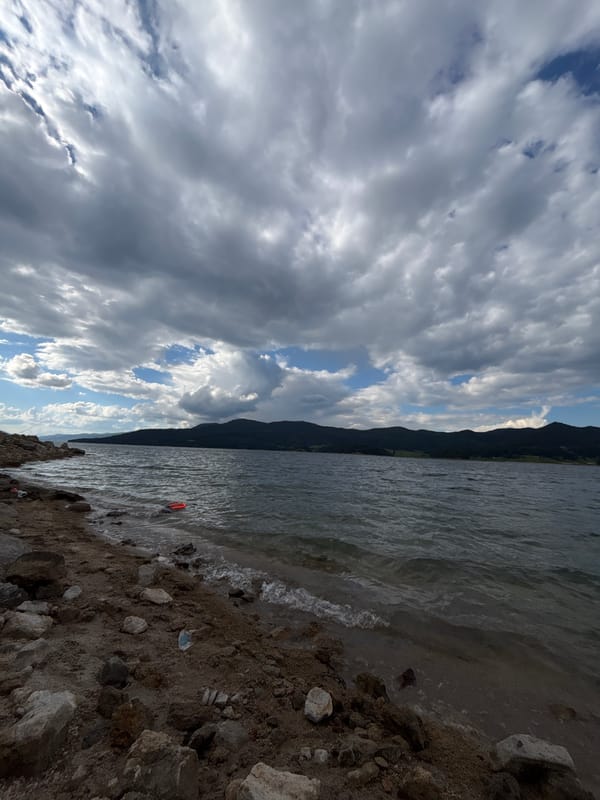 Rocky lakeshore with mountain backdrop, shot from several angles