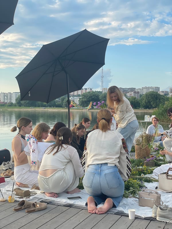 Riverside picnic on a wooden pier in Khmelnytskyi, Ukraine