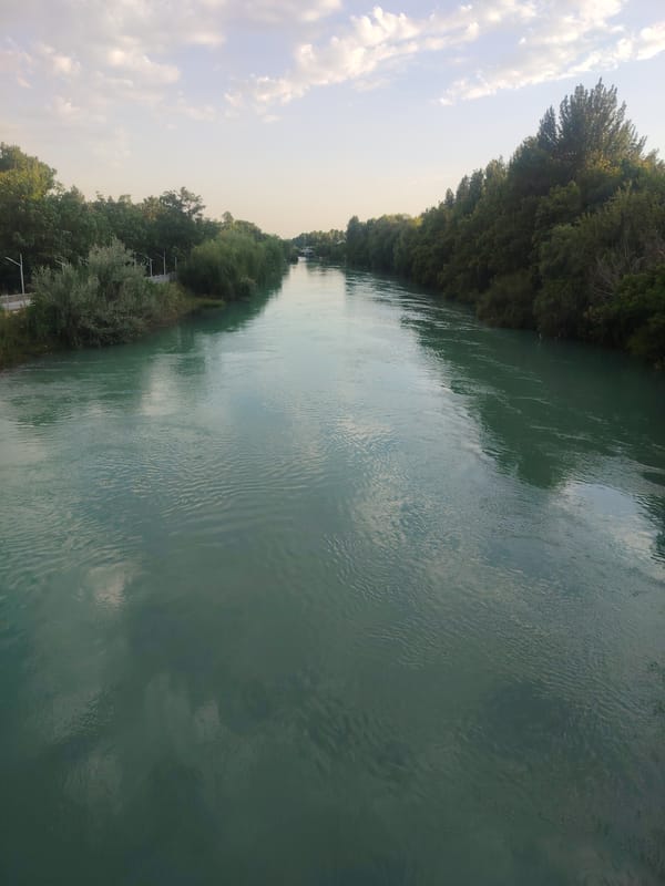 River, bridge, mosque, and Mega Center in a Central Asian city