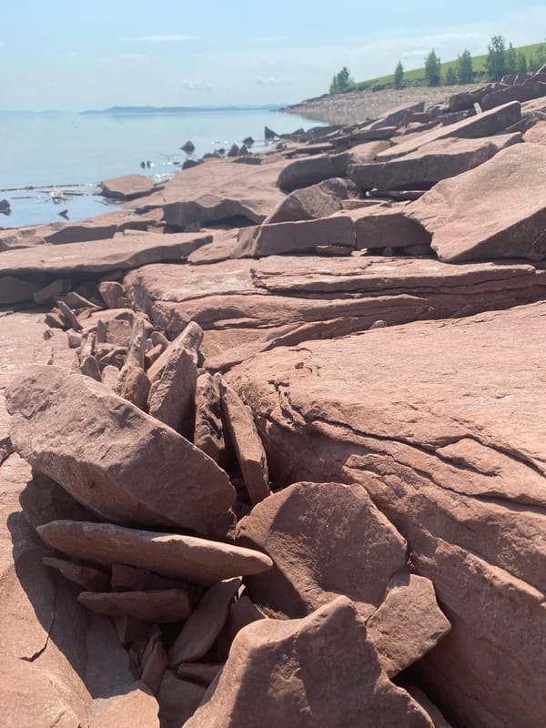 Early morning fishing documented along rocky Ust'-Erba shoreline