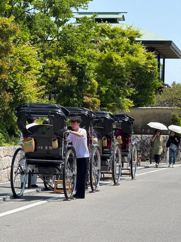 Late night scenes captured in Kyoto: rickshaws and river