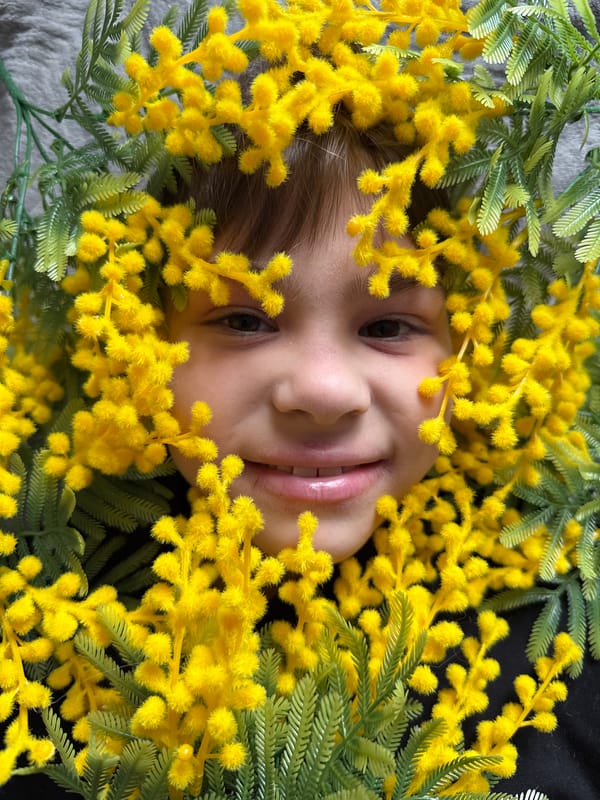 Child photographed smiling among yellow mimosa flowers