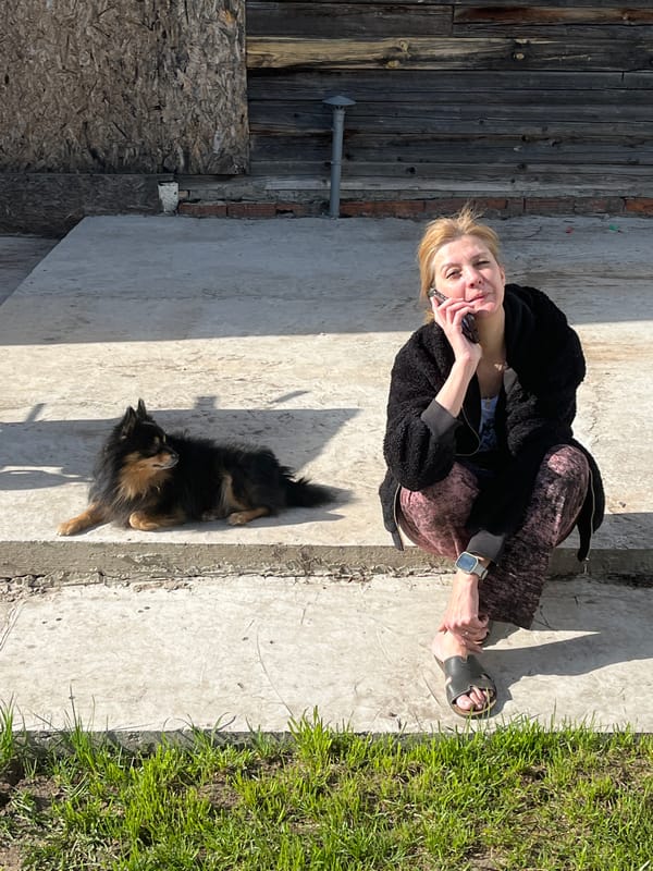 Woman gardens with Pomeranian dogs in Izhevsk backyard