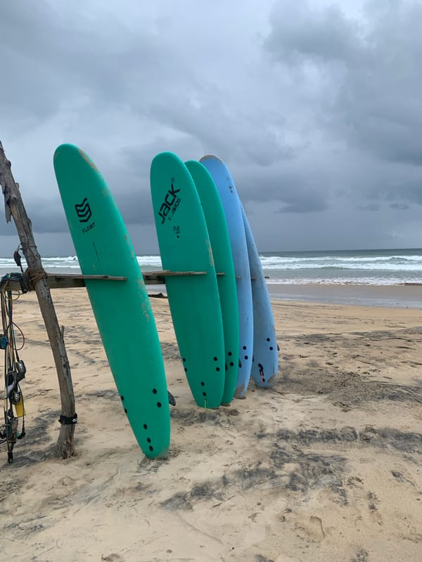 Early morning beach scene with surfboards and swimmers in Kathaluwa
