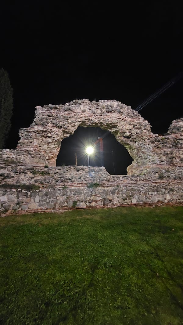 Nighttime documentation of Roman ruins and ancient walls in Hisarya