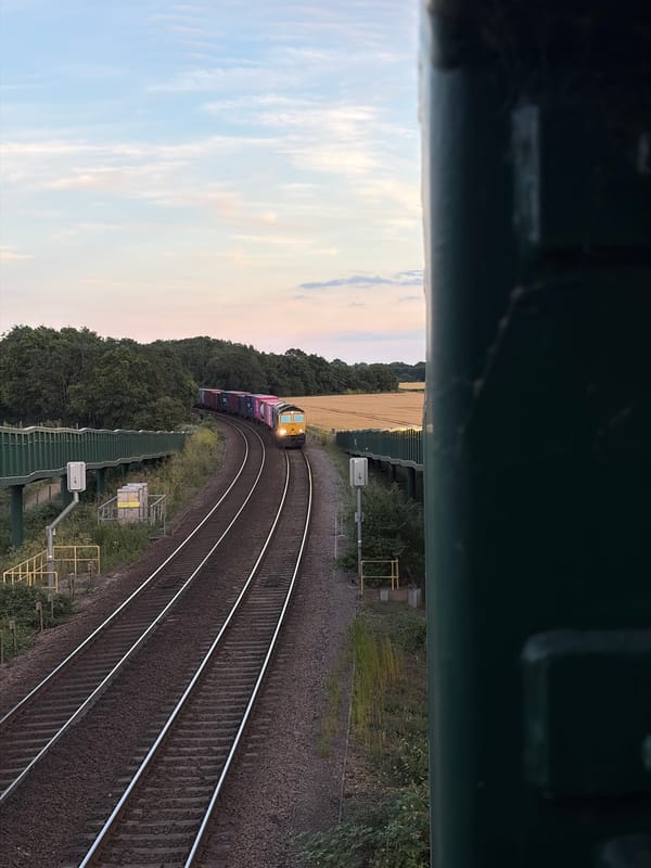 Freight trains rolling through rural East Suffolk on a summer evening