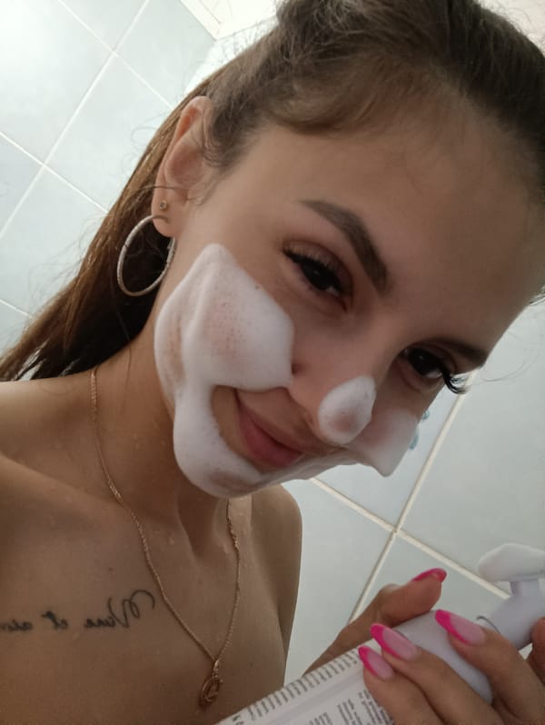 Foam cleanser routine, multiple angles, bathroom setting