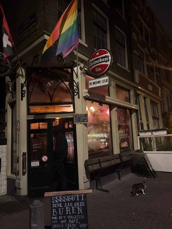 Evening social gathering documented at Amsterdam bar De Nieuwe Lelie