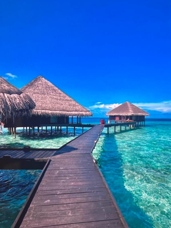 Tourist captures rotated photos of tropical overwater bungalow resort