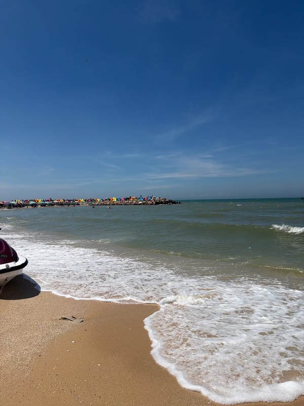 Jet skis and fishing boats share a Vietnamese beach shoreline