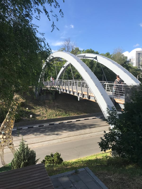 Urban afternoon scenes featuring bridge, fountain, and polar bear statue