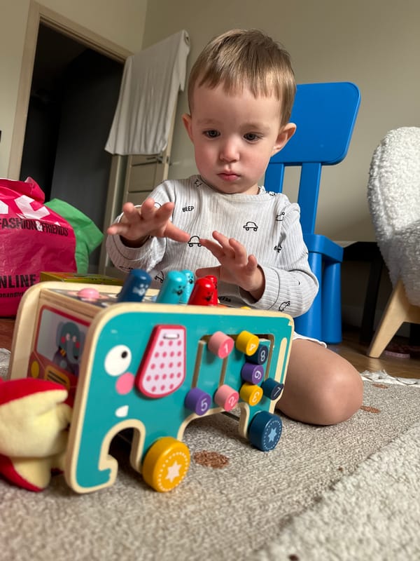 Toddler plays with wooden toys in Odintsovo home