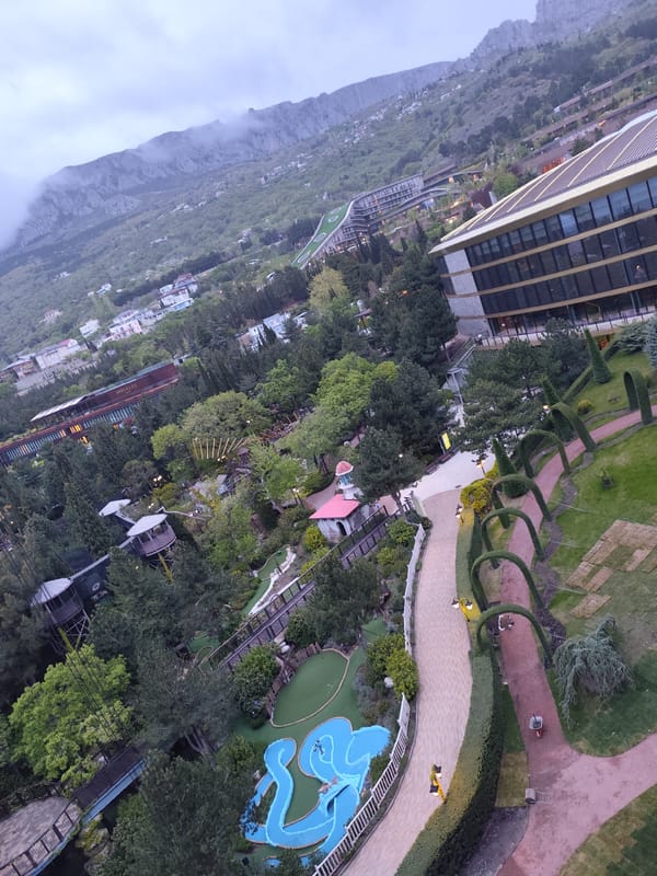 Aerial view captures modern building in Simeiz, Ukraine