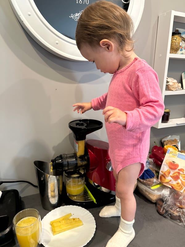 Child operates juicer in early morning kitchen scene, Wisła