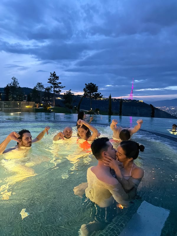 Leisure activities documented in Tbilisi including pool swimming, dining